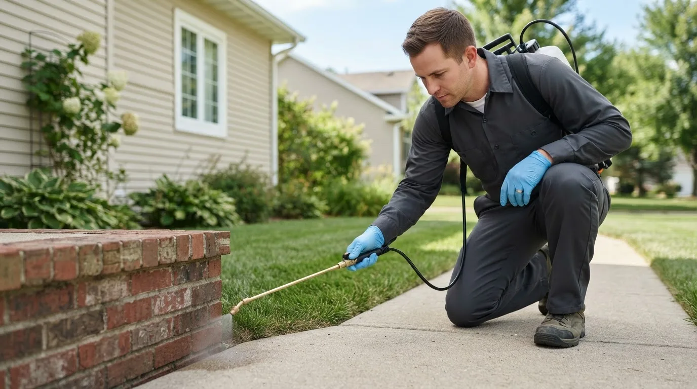Pest control technician treating a home near Campbell, AL