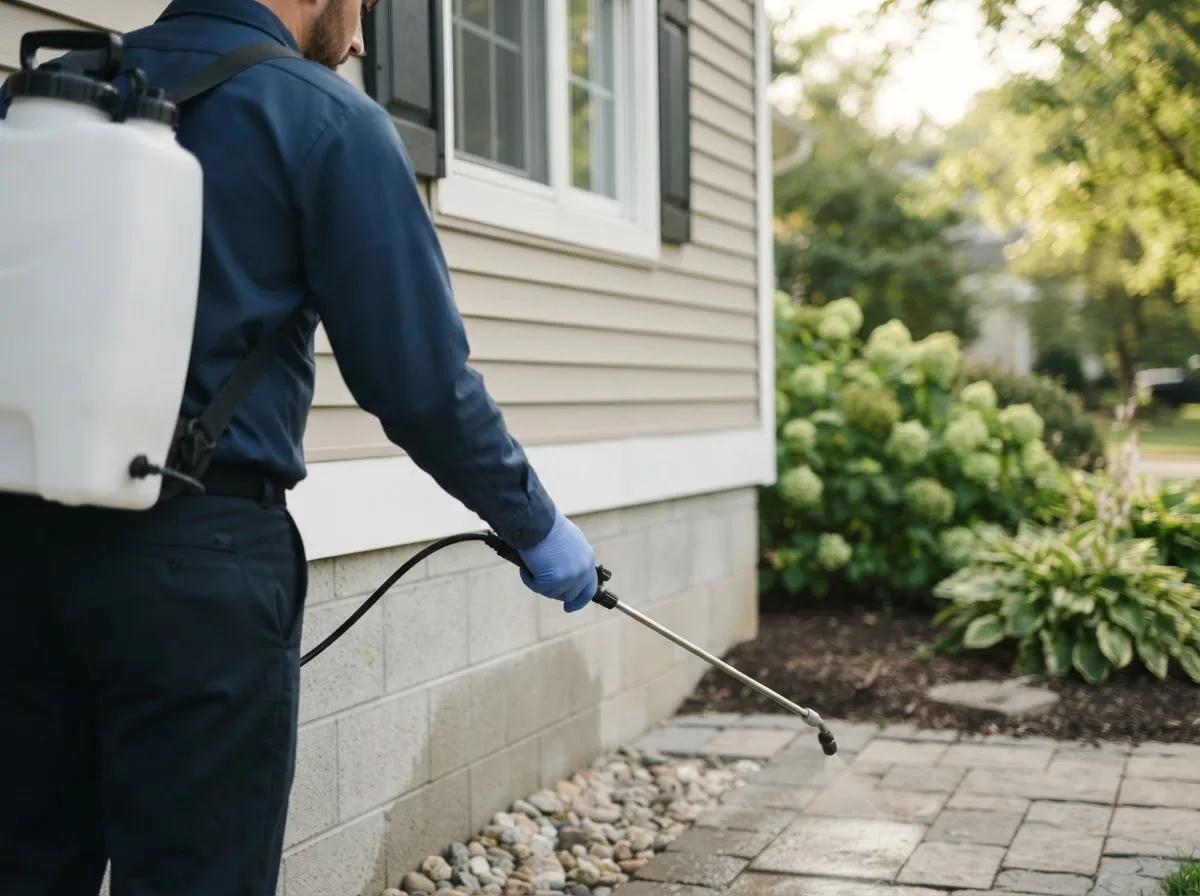 Pest control technician inspecting a home in Campbell, AL
